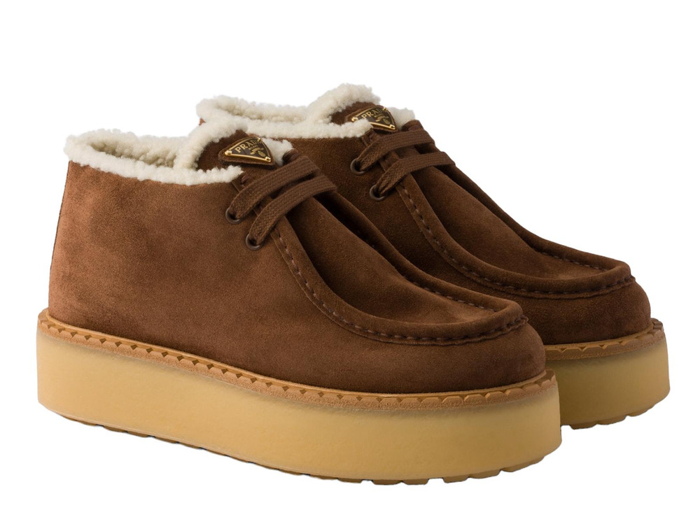 Prada Cacao Brown Suede Shearling Fur Logo Platform Lace Up Chukka Booties 39.5